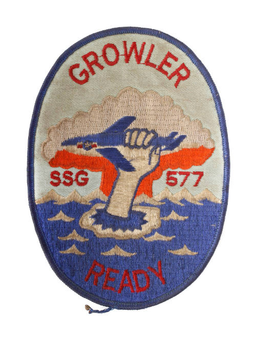 Embroidered oval patch, USS Growler insignia image of a hand reaching out of  water and grabbin…