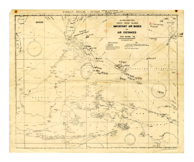 Map of air bases in the Pacific Ocean, showing the Philippines, Borneo and New Guinea, annotate…