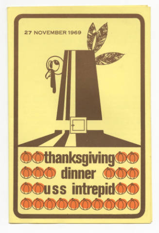 Cover of yellow menu with text "27 November 1969 Thanksgiving dinner USS Intrepid," has image o…