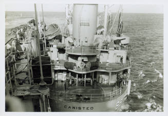 Black and white photograph of a collision between USS Intrepid and USS Canisteo