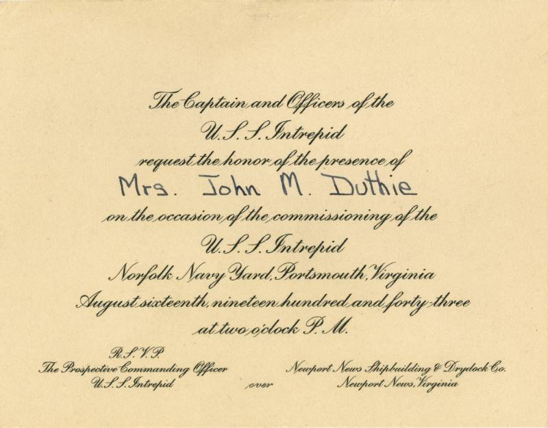 Printed invitation to USS Intrepid's commissioning with "Mrs. John M. Duthie" handwritten