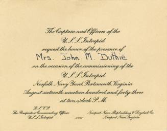 Printed invitation to USS Intrepid's commissioning with "Mrs. John M. Duthie" handwritten