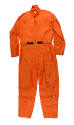 U.S. Navy orange flight suit laid flat, high collar, numerous pockets and adjustable Velcro at …