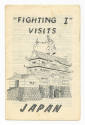 Cover of port of call booklet titled “’Fighting I’ Visits Japan” with black and white drawing o…