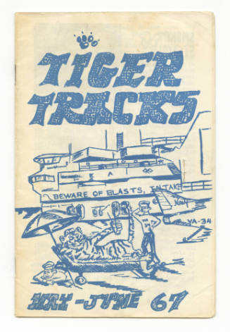 Cover of “Tiger Tracks” newsletter, cartoon of a tiger on a lounge chair beneath umbrella and h…