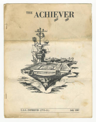 Cover of USS Intrepid newspaper The Achiever” from July 1967 with drawing of aircraft carrier a…