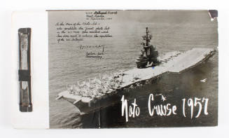 Booklet with black and white photo of USS Intrepid at sea with aircraft parked on bow, text “Na…