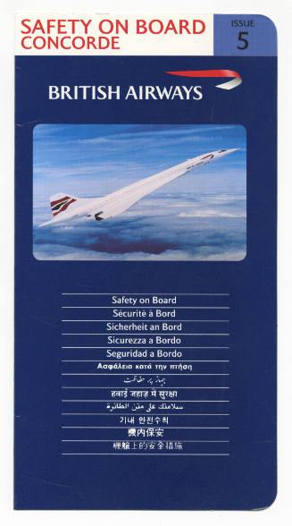 Instruction pamphlet titled “Safety on Board Concorde” with image of Concorde airplane flying i…