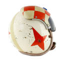 Side view of U.S. Navy flight helmet with orange and white checkerboard pattern on top, side ha…