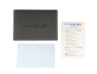 Black vinyl case, Air France Concorde information card and rectangular compact mirror