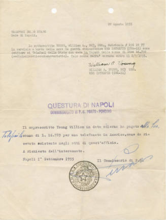Printed receipt in Italian for a telephone call from Naples dated August 28, 1955