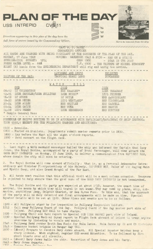 Typed document titled “Plan of the Day” for June 17, 1968