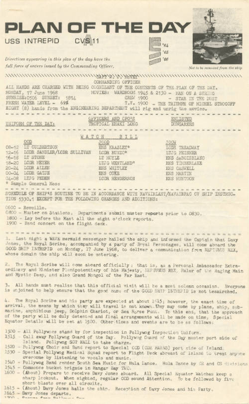 Typed document titled “Plan of the Day” for June 17, 1968