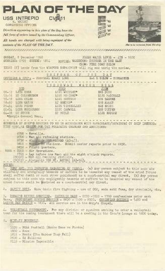 Printed schedule for USS Intrepid titled Plan of the Day, dated December 6, 1968