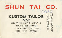 Printed business card for Shun Tai Co. Custom Tailor in Hong Kong