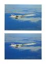 Two horizontal color postcards with image of Concorde airplane flying over water with clouds 