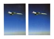 Two vertical color postcards with image of Concorde airplane flying in blue sky