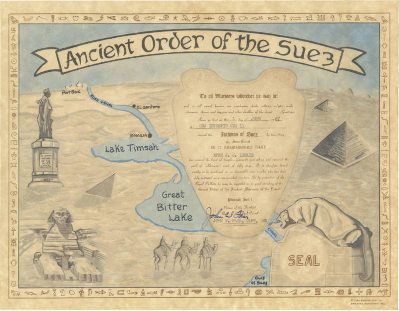 Ancient Order of the Suez Certificate with images of pyramids, the Great Sphynx and the Nile Ri…