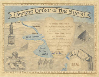 Ancient Order of the Suez Certificate with images of pyramids, the Great Sphynx and the Nile Ri…
