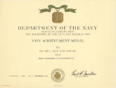 Navy Achievement Medal certificate awareded to James Leslie