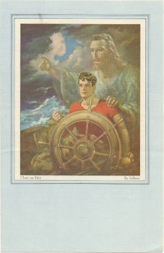 Cover of worship program with a drawing of a sailor at the helm of a ship with the figure of Ch…
