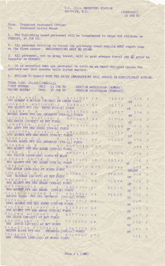 Printed list of personnel transfers dated June 10, 1960
