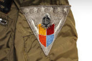 Detail of triangular Carrier Air Wing 6 patch, with knight helmet, shield and stars