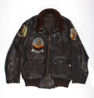 Brown leather flight jacket with colored fabric patches