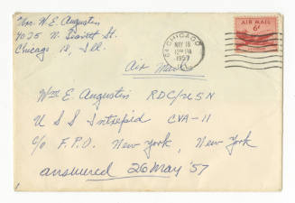 Handwritten envelope addressed to "Wm E. Augustin" dated May 18, 1957