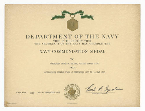 Printed Navy Commendation Medal for Commander Bruce W. Keller dated September 13, 1968