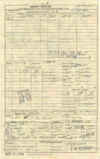 Printed form titled "Aircraft Clearance" with parts filled in with handwriting