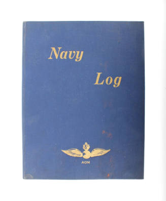 Blue hardcover book titled "Navy Log" in gold with an eagle emblem