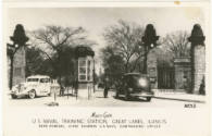 Black and white postcard of the U.S. Naval Training Station, Great Lakes, Illinois main gate