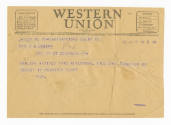 Printed telegram from Donald Braid to Margaret dated January 13, 1945
