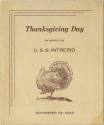 Printed menu cover with an illustration of a turkey for Thanksgiving Day on USS Intrepid in 194…