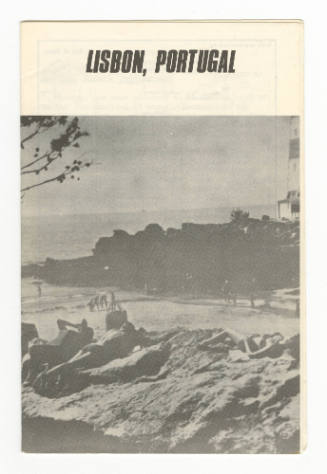 Printed booklet titled "Lisbon, Portugual" with a black and white photograph of a coastline