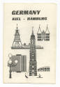 Printed booklet titled "Germany: Kiel - Hamburg" with black and white drawings of German landma…