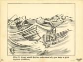 Printed black and white U.S. Navy safety poster of a cartoon sailor floating in the ocean