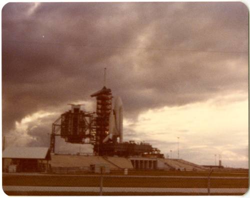 Color photograph of Space Shuttle Enterprise on launch pad