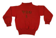 Red sweater with short collar, with "V2G 1" stenciled in center