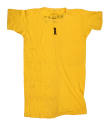 Yellow short sleeved t-shirt with black stencil at top center that reads "1"