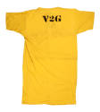 Yellow short sleeved t-shirt that has a black stencil at top center that reads "V2G"