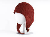 Red canvas flight deck cap with chin strap and buckle on mannequin head form