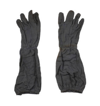 Pair of gray fabric gloves with long cuffs to cover forearms
