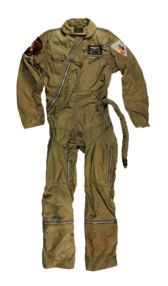 Drab green anti-blackout flight suit, or g-suit, with hose at proper left waist