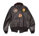 Back of brown leather flight jacket with three patches