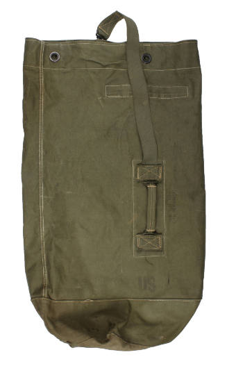 Green canvas seabag with handle and shoulder strap