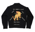 Back of black jacket with embroidered design featuring a tiger and locations USS Intrepid visit…