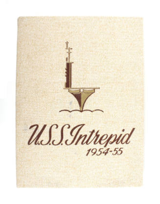 Tan fabric hardcover USS Intrepid cruise book dated 1954–1955 with stylized image of Intrepid