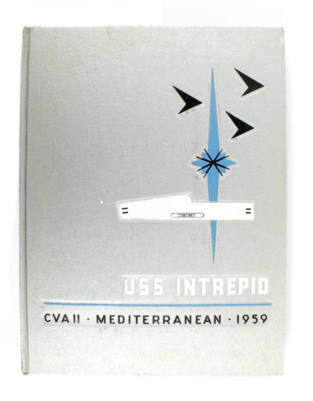 Silver hardcover USS Intrepid cruise book for 1959 with a stylized drawing of Intrepid